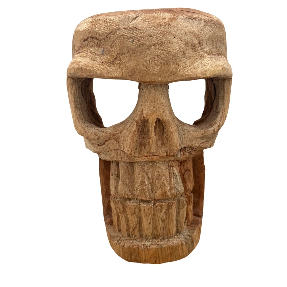 Hand Carved Wood Skull Mask Sculpture, Rustic ,Folk Art, Memento Mori Gothic
